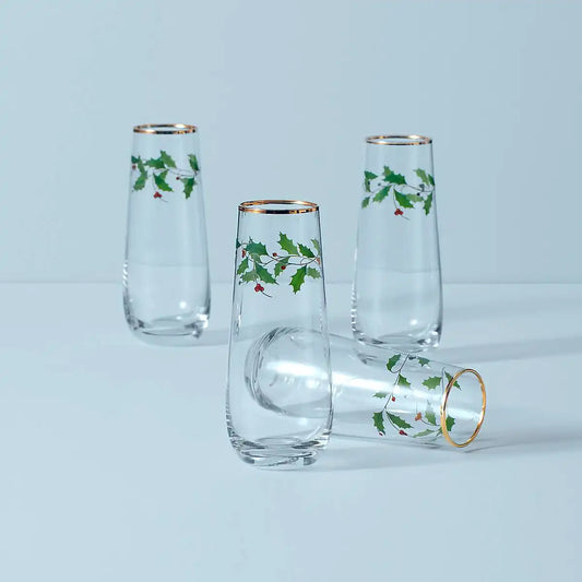 Holiday Stemless Flute Glasses, Set of 4
