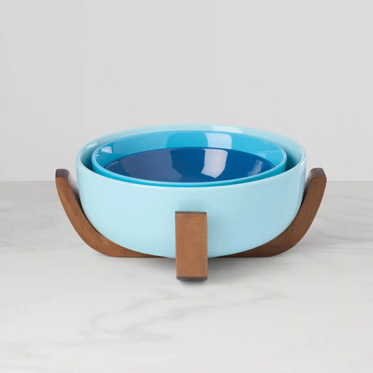 24 Seven Turquoise 3-Piece Nesting Bowl Set with Wood Stand