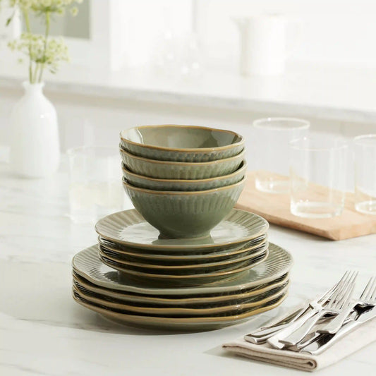 Artisanal Stripe Green 12-Piece Dinnerware Set