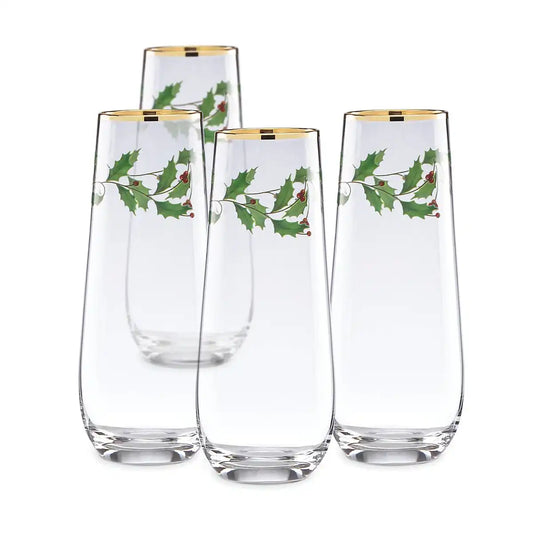 Holiday Stemless Flute Glasses, Set of 4