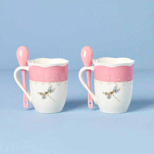 Butterfly Meadow Pink Mugs with Spoons, Set of 2