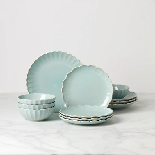 French Perle Scallop Ice Blue 12-Piece Dinnerware Set