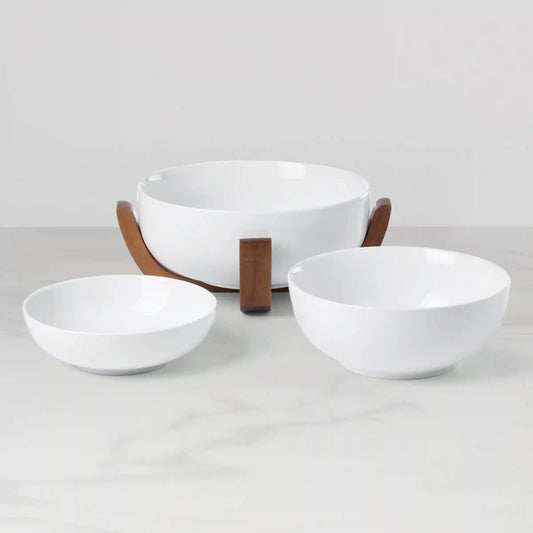 24 Seven White 3-Piece Nesting Bowl Set with Wood Stand