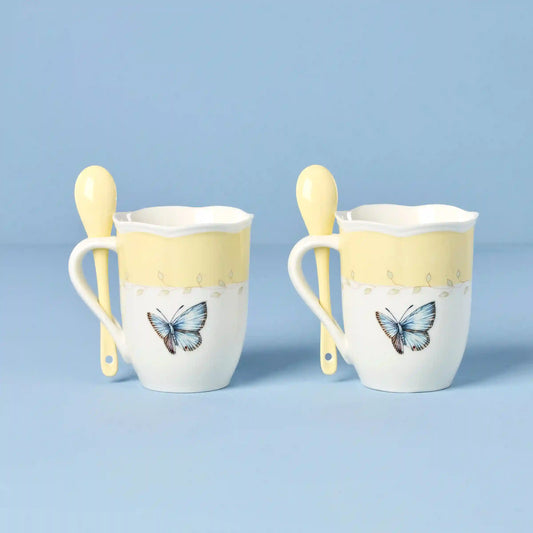 Butterfly Meadow Yellow Mugs with Spoons, Set of 2